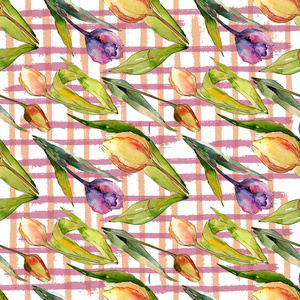郁金香植物花。水彩背景插图集。无缝背景图案。