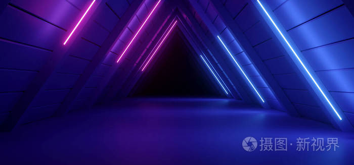 科幻未来三角形屋顶走廊隧道霓虹灯线形状