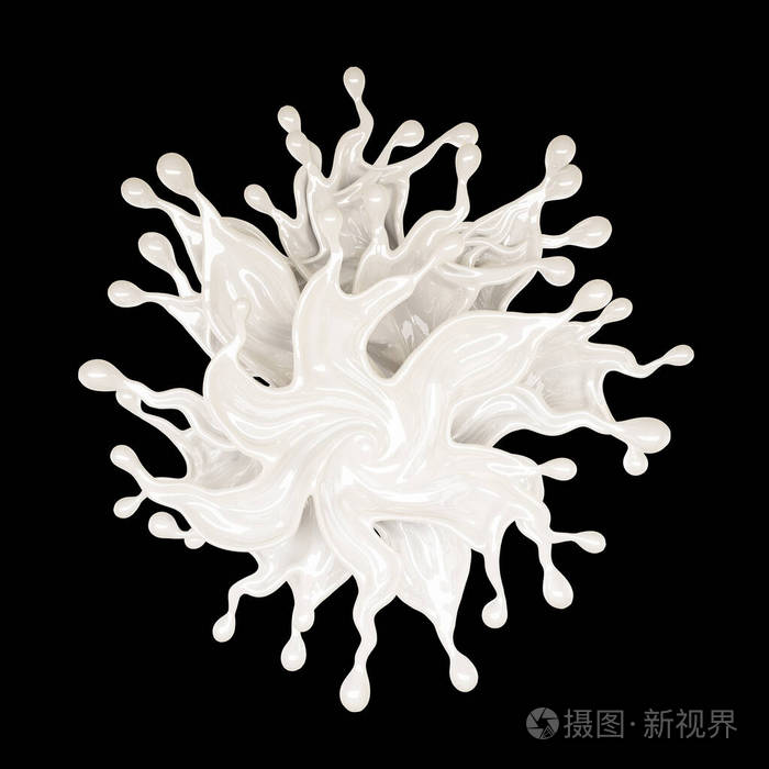 黑色背景上的白色粘稠液体飞溅三维插图三维渲染