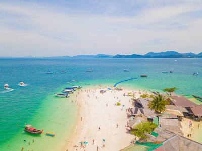 Aerial view of beach at Koh Khai, a small island, with crowd of 