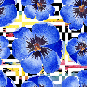蓝色郁金香植物花。水彩背景插图集。无缝背景图案。