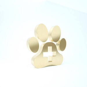 金色兽医诊所符号图标隔离在白色背景上。医院十字标志。一种风格化的爪印狗或猫。宠物急救标志。三维插图三维渲染