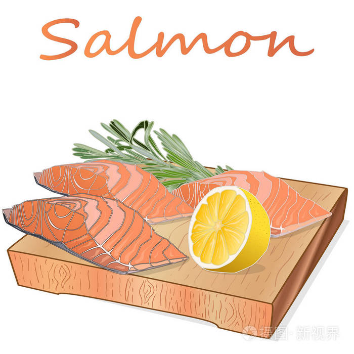 Raw salmon fillets with herbs on wooden dwsk. White background. 