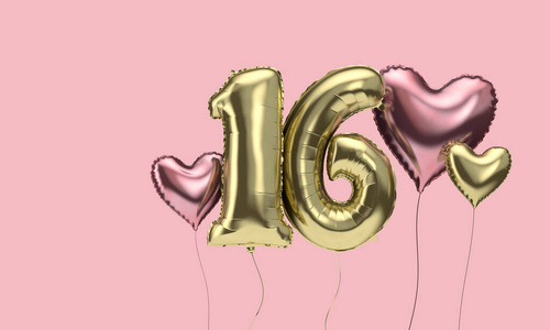 快乐的16岁生日派对庆祝气球与心。三维渲染