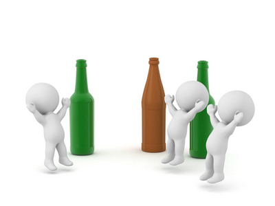 三个快乐的3D角色和啤酒瓶