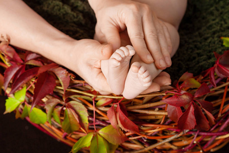 幸福家庭理念。新生儿的脚放在母亲的手上。妈妈呢