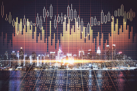 金融图夜市景观与高楼背景多重曝光。分析概念。