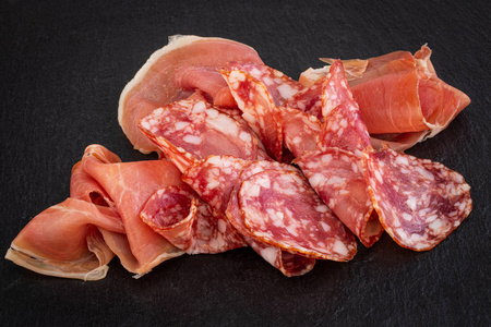 Italian prosciutto crudo or spanish jamon and sausages. Raw ham 