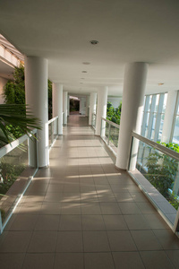 玻璃走廊，穿过温室的通道，阳光充足的走廊。