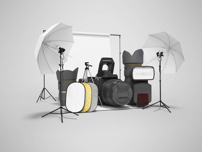 Concept studio equipment softboxes photo umbrella reflectors 3d 