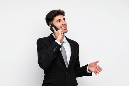 商业 白种人 细胞 手机 黑发 会话 工作 通信 商人 电话