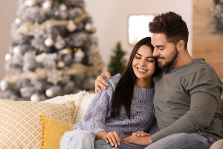 一对幸福的夫妇在客厅装饰圣诞图片