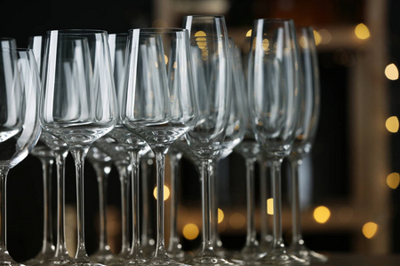 Empty clean glasses on counter in bar