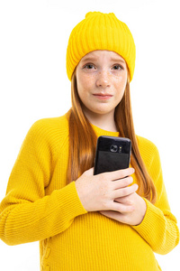 女孩 白种人 细胞 帽子 技术 面对 智能手机 漂亮的 可爱的