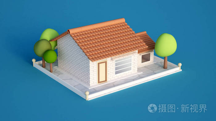 房子白砖瓦和树木的小屋三维插图三维渲染