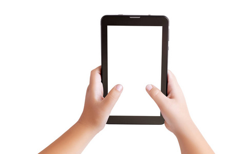 俯视特写镜头一个男孩手上拿着一块黑色平板电脑，空白的白色屏幕上显示孤立在白色背景上的文字或图片。手机游戏网页儿童网络安全