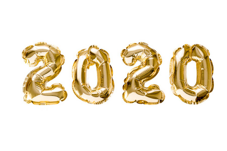 2020新年庆祝快乐。白色背景上孤立的金箔气球数字2020