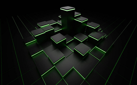未来主义三维渲染插图技术背景。具有绿色发光立方体的抽象结构。