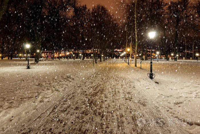 冬天下雪的夜间公园。