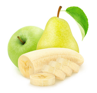 在白色背景上分离出苹果,切香蕉和梨的复合图像.照片