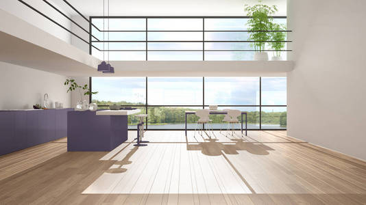 现代简约的紫色厨房带岛餐桌和椅子拼花地板夹层带湖景的全景大窗户晨光竹子植物室内设计