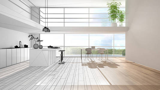 建筑师室内设计师概念未完成的项目成为现实，极简主义厨房与岛屿，餐桌与椅子，夹层，大全景窗，室内设计