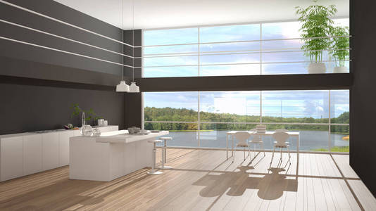 现代极简主义厨房，带岛和餐桌，带椅子拼花地板夹层和大的全景窗户，可欣赏湖景晨光竹子植物和室内设计