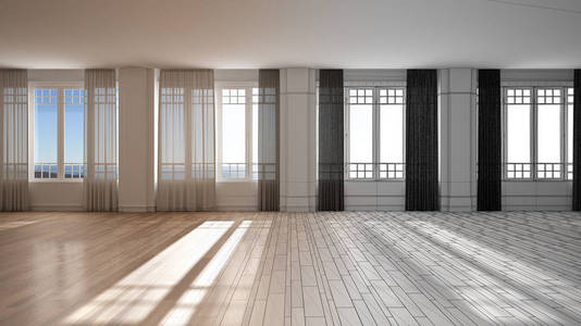建筑师室内设计师概念未完成的项目，成为现实，空的室内设计，开放空间与全景窗窗帘和拼花，建筑概念