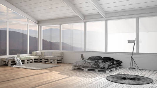 建筑师室内设计师理念未完成的项目成为现实，带窗户的全景卧室，托盘diy床，带枕头的沙发，室内设计