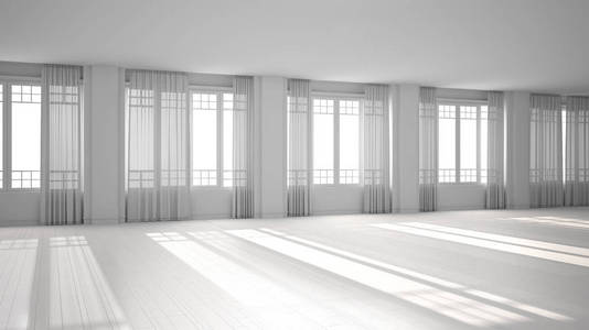 全白色项目的空房室内设计，开放空间配有带窗帘和镶木地板的全景大窗户，粉刷成型的墙壁，经典的建筑概念理念