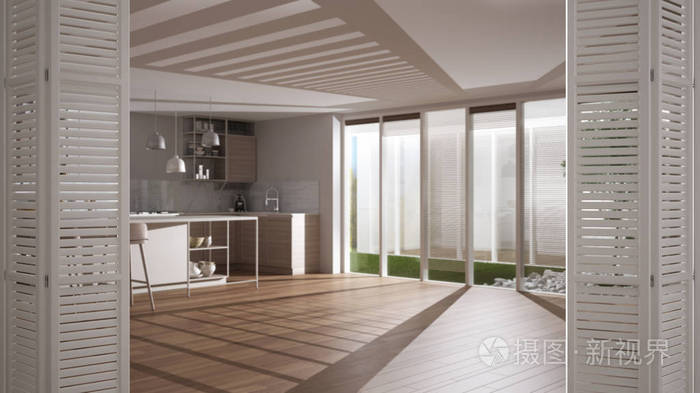 白色折叠门，现代白色厨房，木质细节和拼花地板，白色室内设计，设计师概念，模糊背景