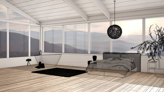 Empty white interior with parquet floor and panoramic window wit