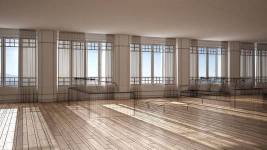 Empty white interior with parquet and panoramic windows, custom 