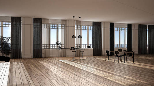 Empty white interior with parquet and panoramic windows, custom 