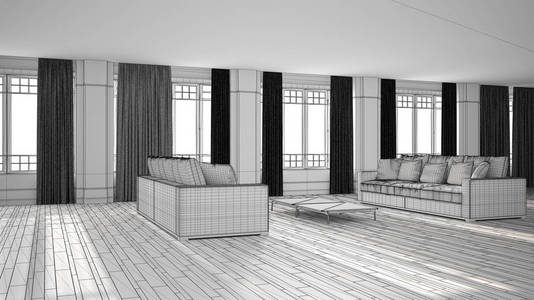 未完工的开放空间项目，沙发室内设计，现代客厅，带窗帘的大全景窗的休息室，拼花地板，灰泥墙，古典建筑理念