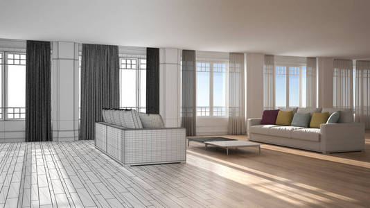 建筑师室内设计师概念:未完成的项目成为现实,开放空间与沙发,现代