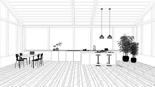 蓝图项目草案，带岛的现代简约厨房和带椅子的餐桌，拼花地板，木屋顶和大全景窗，室内设计理念
