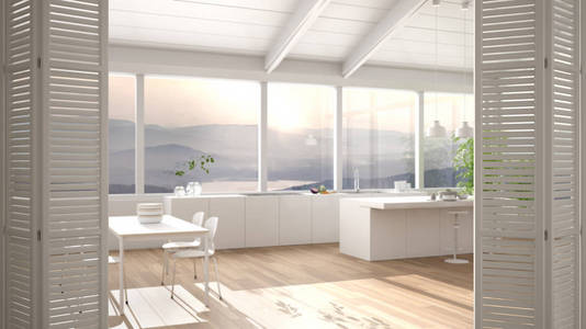 白色折叠门，现代白色厨房，木质细节和拼花地板，餐桌和岛屿，白色室内设计，设计师概念，模糊背景