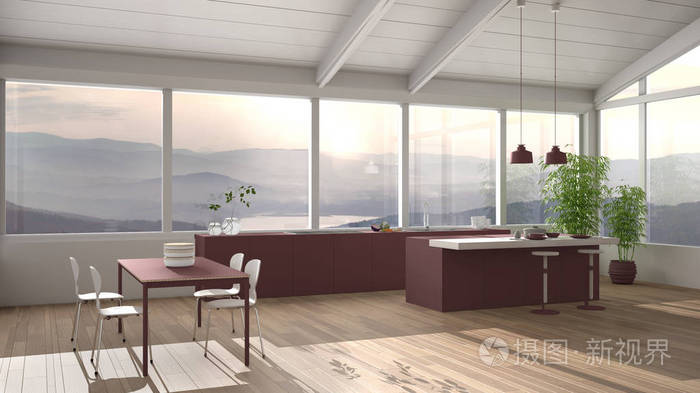 现代极简主义红色厨房，带岛和餐桌，带椅子拼花地板木质屋顶和带山景的大全景窗，室内设计理念