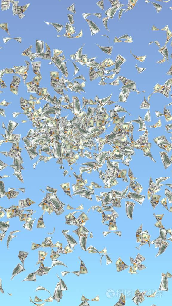 蓝色背景上孤立的飞扬美元钞票钱在天上飞100张美国钞票新样品三维