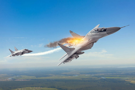 飞机导弹战斗机发射了一枚寻的导弹,爆炸击中了另一架喷气式飞机的