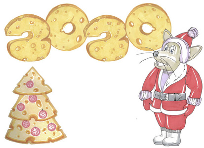 一只穿着圣诞老人套装的老鼠和2020年的奶酪圣诞树