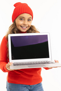 美丽的 演播室 漂亮的 可爱的 女孩 摆姿势 笔记本电脑