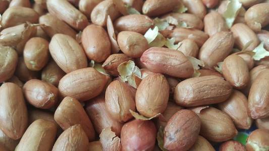 Closeup view of mixed, dried, roasted  peeled and unpeeled peanu