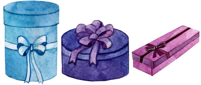 水彩插图.set三个礼盒宝安孤立的物体。