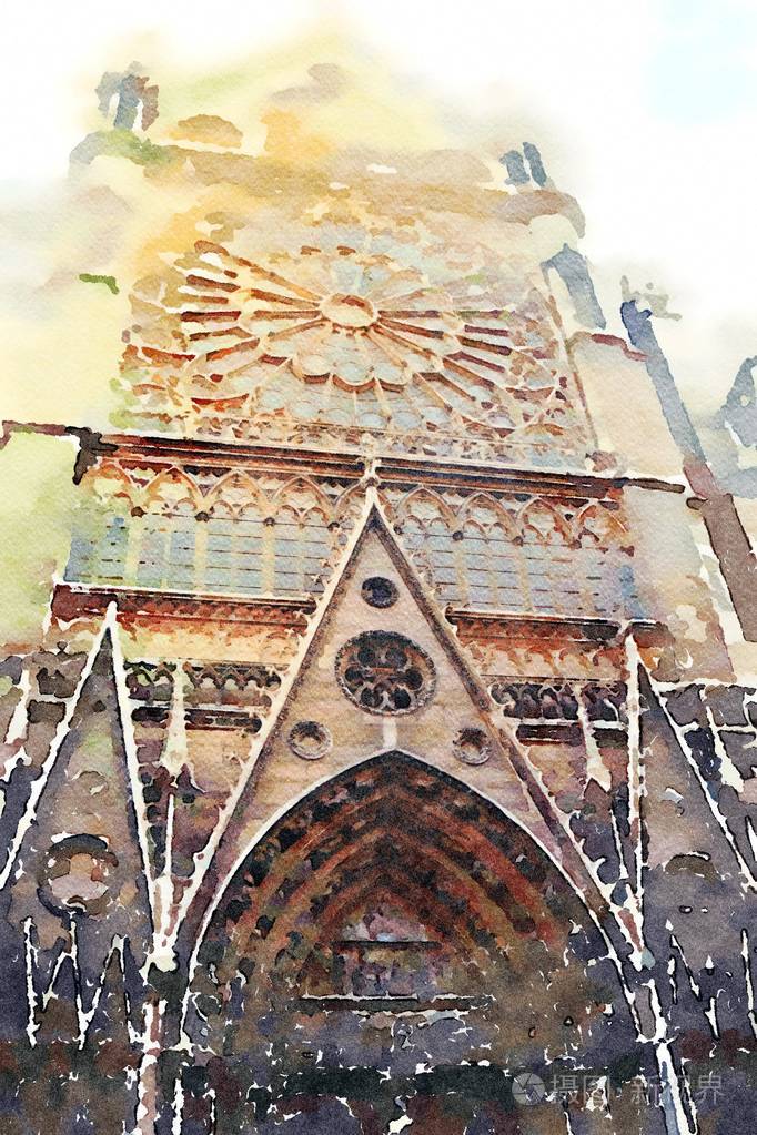 圣母院教堂的水彩画