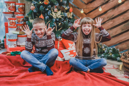 这是一张完整的照片,照片上穿着羊毛衫的有趣的孩子们用手模仿大象的