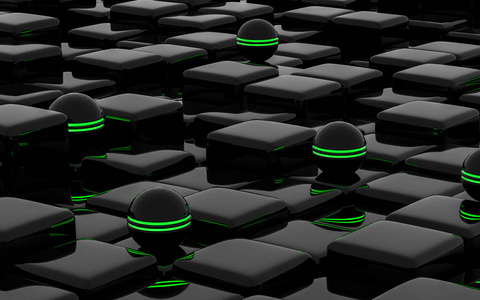 黑色立方体抽象纹理背景与发光的绿色球体三维插图渲染
