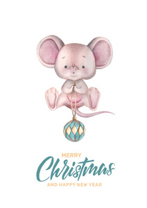 新年贺卡小老鼠和圣诞球。酿造的。