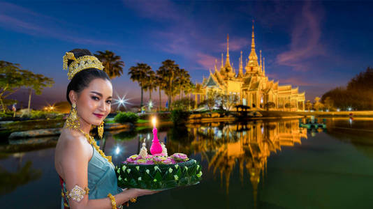 泰语 祈祷 建筑学 传统 持有 微笑 美女 宗教 仪式 寺庙